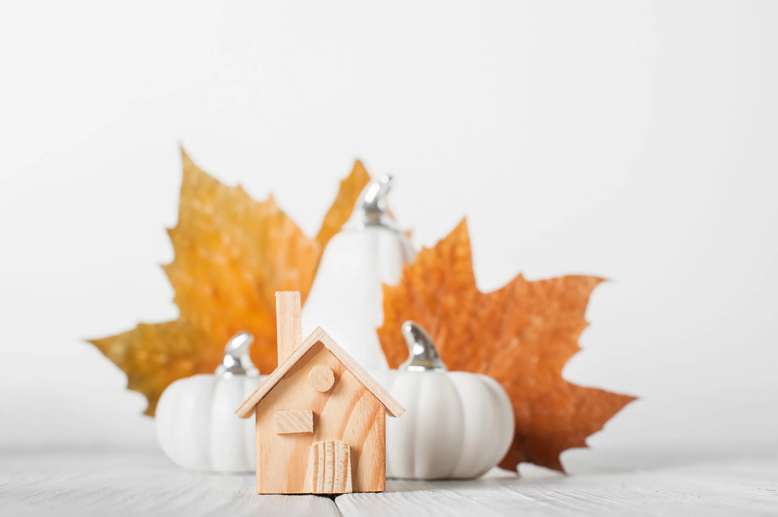 Autumn house insurance, sale, rent concept. White decorative pumpkins and autumn yellow leaves with miniature wooden house close-up and copy space.