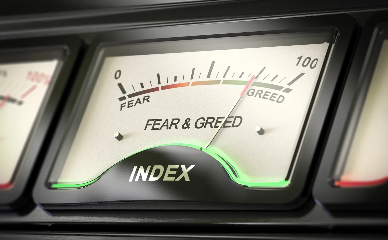 A fear and greed index showing the needle pointed slightly towards greed.