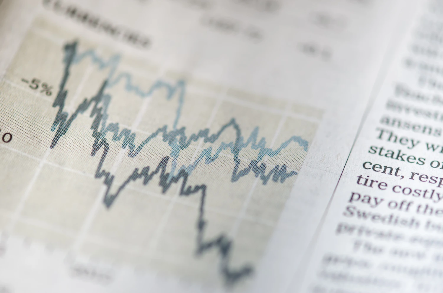 The stocks in a newspaper, which shows volatility.
